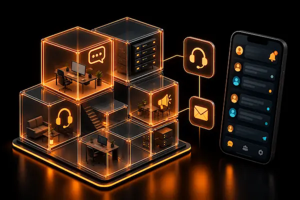 Minh hoạ 3D Bozuro: khối kính phát sáng cam, biểu tượng chăm sóc khách hàng và email