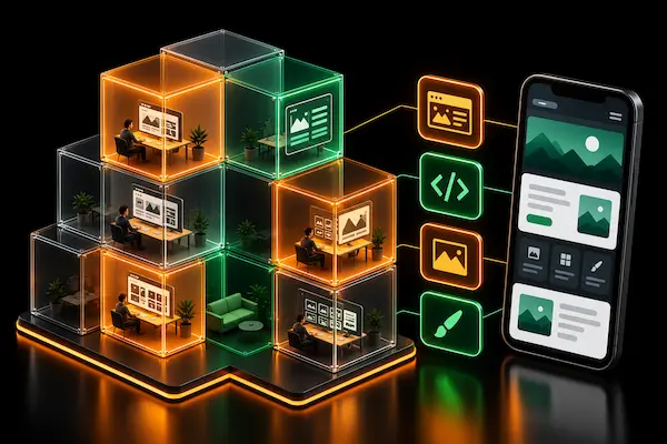 Minh hoạ 3D SidStudio: khối kính phát sáng cam, giao diện thiết kế website