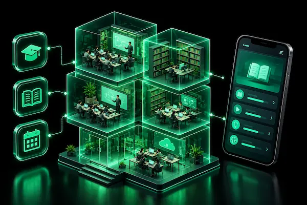 Minh hoạ 3D giải pháp giáo dục: khối kính phát sáng xanh lá, lớp học và lịch học