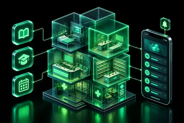 Minh hoạ 3D giải pháp y tế: khối kính phát sáng xanh lá, phòng khám và lịch hẹn